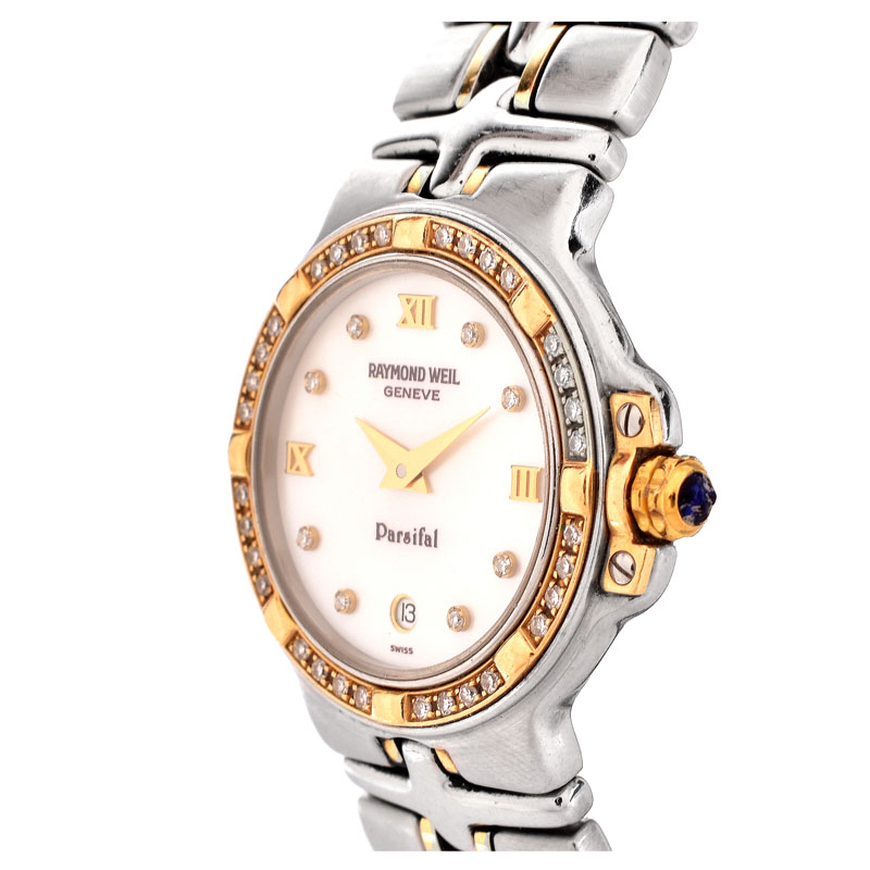 Lady's Vintage Raymond Weil Parsifal 9990 Stainless Steel Two Tone Bracelet Watch with Diamond Bezel, Mother of Pearl Dial and Quartz Movement.