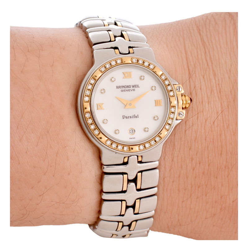 Lady's Vintage Raymond Weil Parsifal 9990 Stainless Steel Two Tone Bracelet Watch with Diamond Bezel, Mother of Pearl Dial and Quartz Movement.