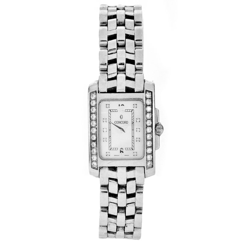 Lady's Vintage Concord Sportivo Stainless Steel Bracelet Watch with Diamond Bezel, Mother of Pearl Dial and Quartz Movement.