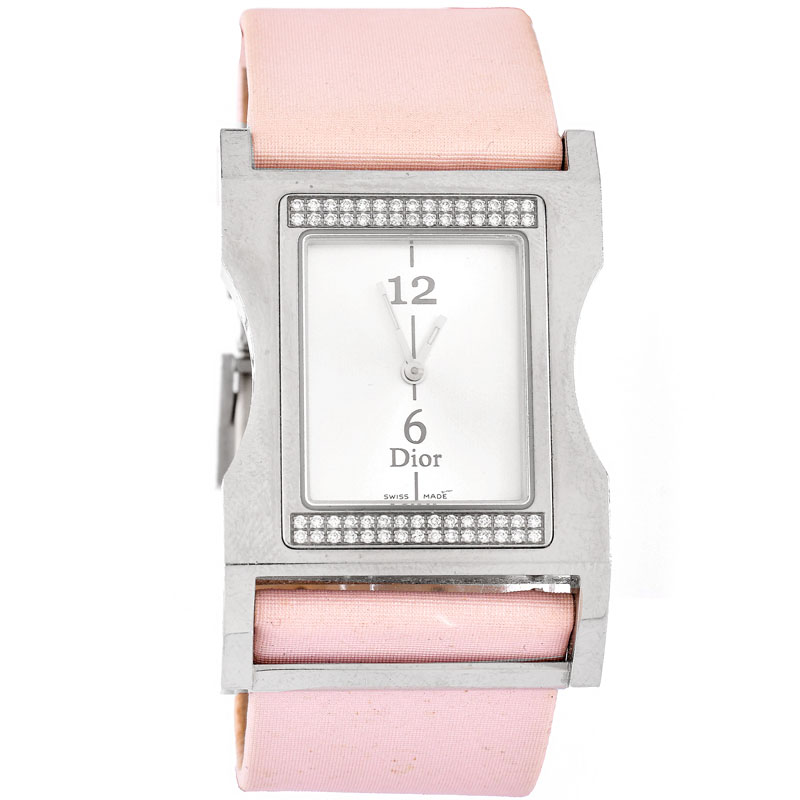Lady's Vintage Christian Dior Stainless Steel Watch with Diamond Accented Bezel, Grosgrain Strap and Quartz Movement.