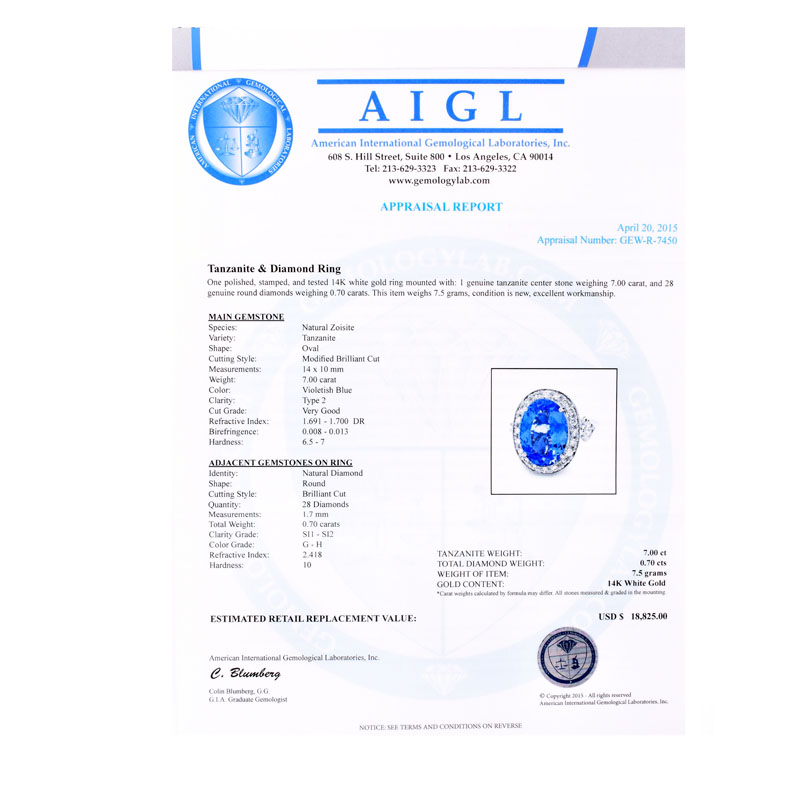 AIGL Certified 7.0 Carat Oval Cut Tanzanite, .70 Carat Diamond and 14 Karat White Gold Ring. 