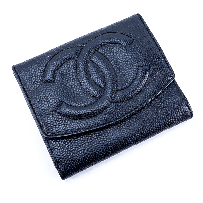 Chanel Black Caviar Leather Square Front Logo Wallet.