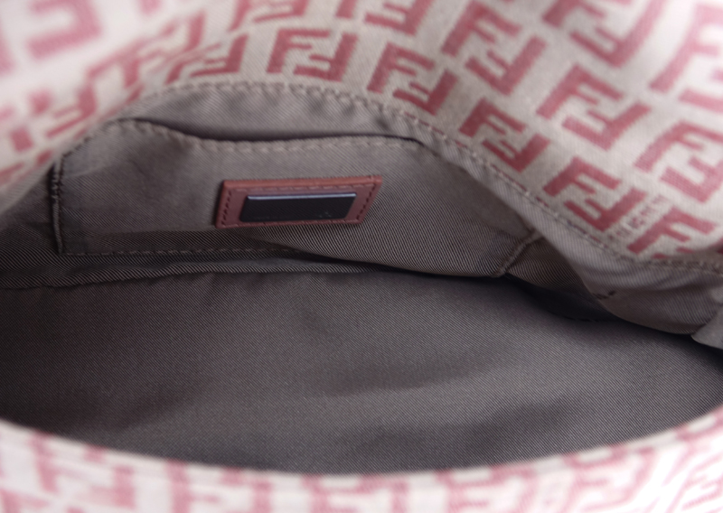 Fendi Beige And Pink Monogram Canvas Baguette Mini Handbag.