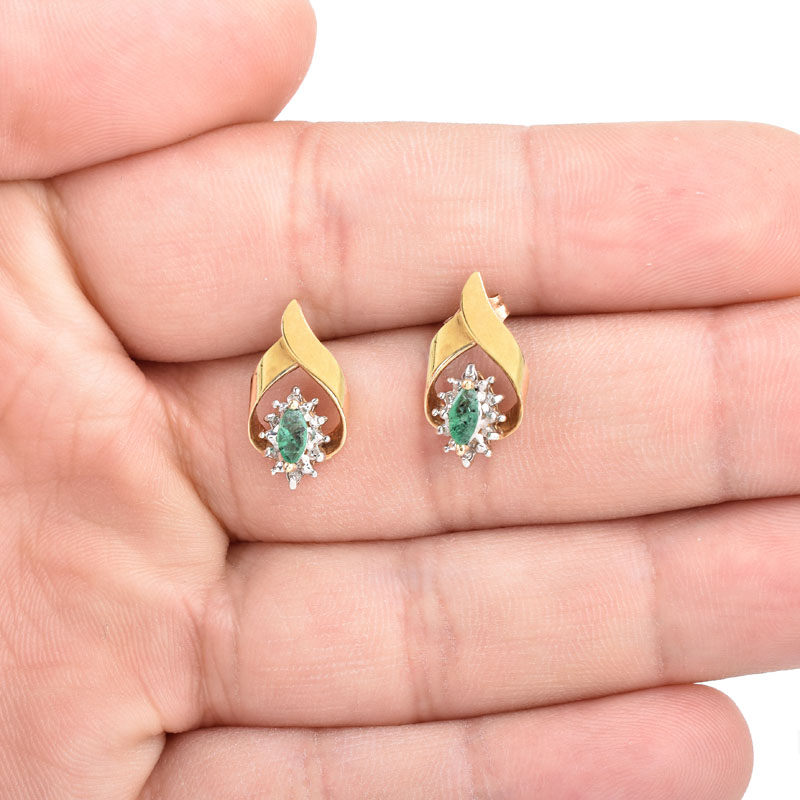 Three (3) Pair of Vintage 14 Karat Yellow Gold Earrings Set with Tiger Eye, Aquamarines, Emerald and Diamonds.