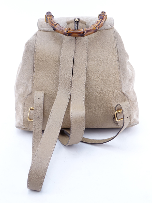 Gucci Light Beige Suede And Leather Bamboo Backpack.