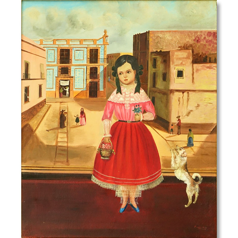 Lilia Carrillo, Mexican (1930 - 1974) Oil on Canvas, Young Girl with Dog in Outdoor Scene, Signed Lower Right.