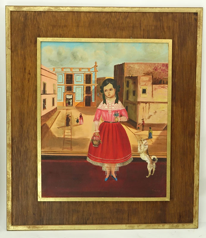 Lilia Carrillo, Mexican (1930 - 1974) Oil on Canvas, Young Girl with Dog in Outdoor Scene, Signed Lower Right.