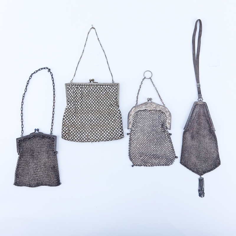 Lot of Four (4) Antique Sterling Silver And Silver Plated Mesh, Beaded Bags.