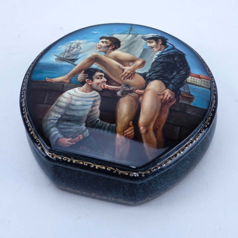 Russian Lacquered Box with Painted Homoerotic Scene to Top and Inside of Top.