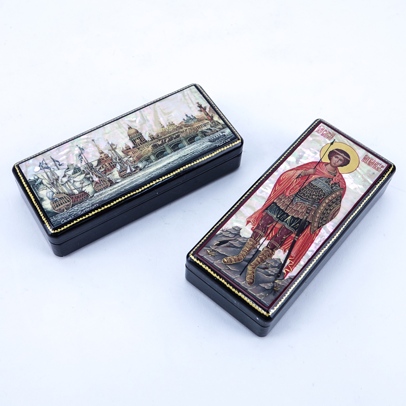 Two (2) Russian Lacquer Boxes with Mother of Pearl, One a Scene of Saint Petersburg, the other Archangel Michael.