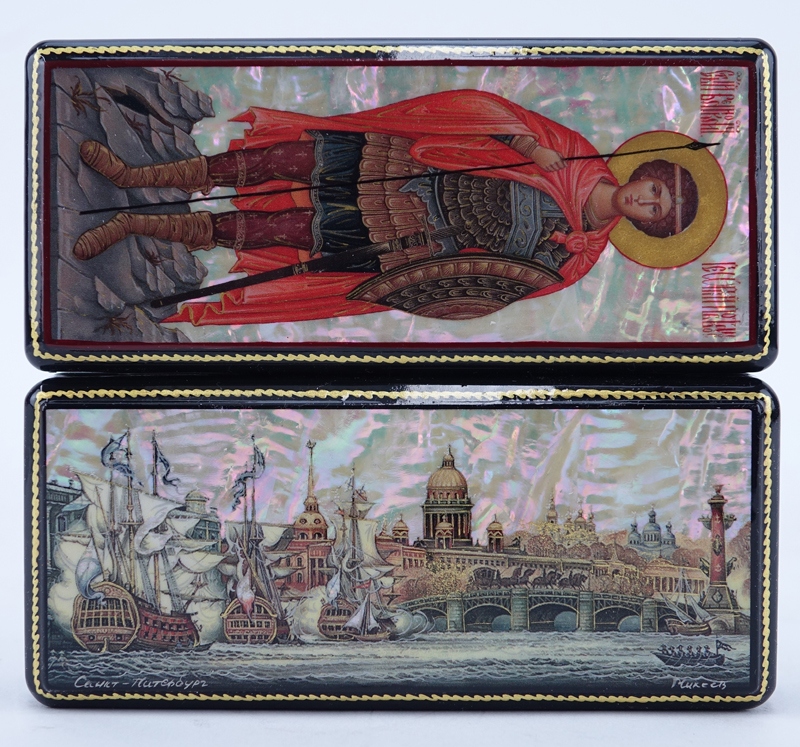 Two (2) Russian Lacquer Boxes with Mother of Pearl, One a Scene of Saint Petersburg, the other Archangel Michael.