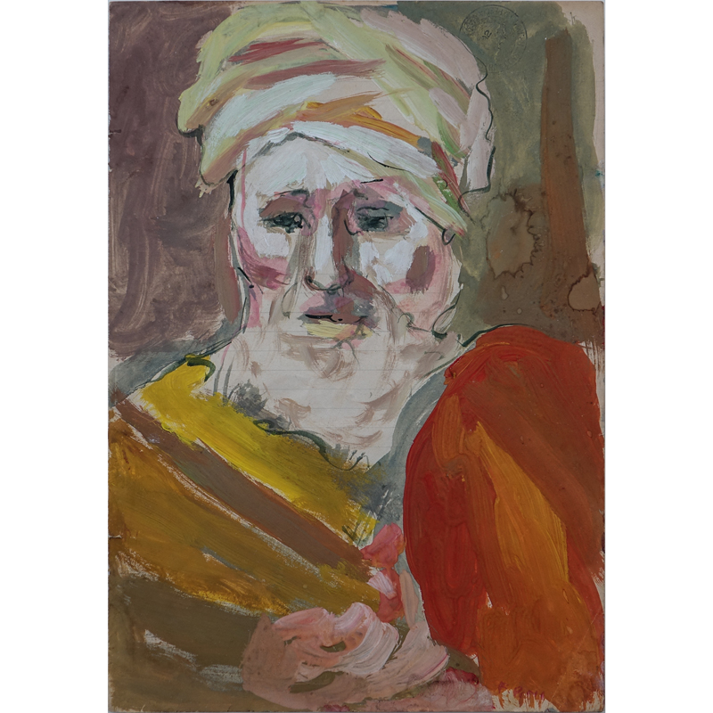 Orientalist School Watercolor On Lined Paper "Portrait Of A Man Wearing A Turban".