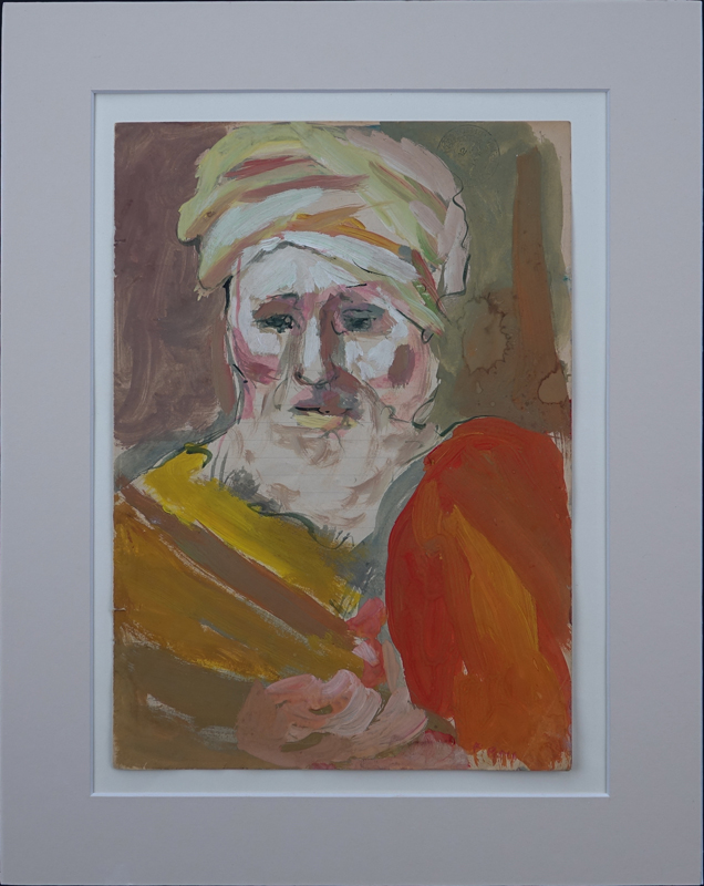 Orientalist School Watercolor On Lined Paper "Portrait Of A Man Wearing A Turban".