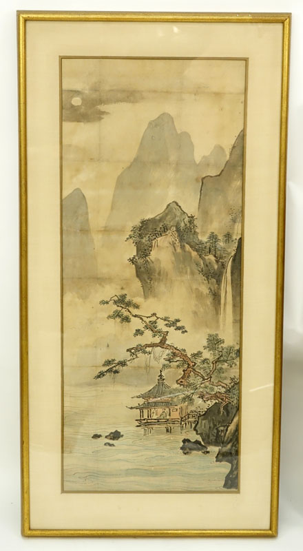 Large Antique Japanese Watercolor Scroll Painting, Landscape Scene.