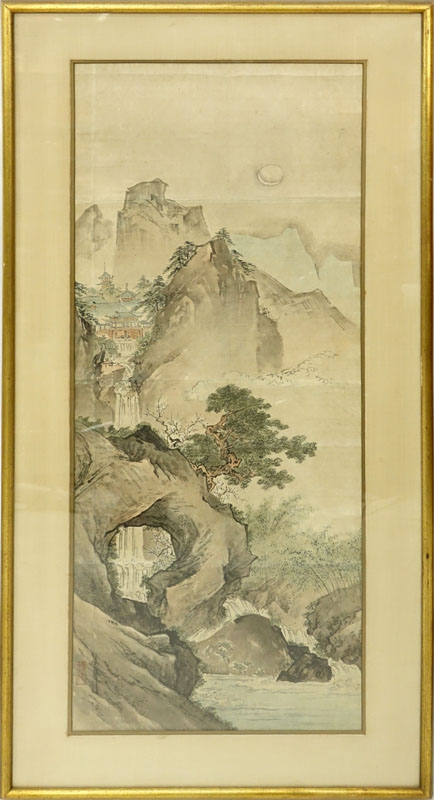 Large Antique Japanese Watercolor Scroll Painting, Landscape Scene.