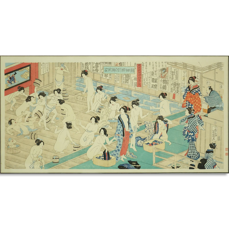 Utagawa Yoshiiku, Japanese (1833-1904) Color Woodblock Print, 'Querreling and Scuffling in Woman's Bathhouse", Signed.