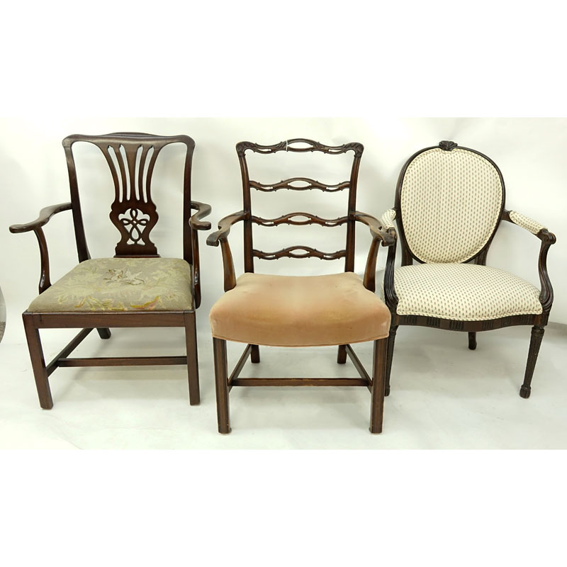 Grouping of Three (3) Antique English Carved Wood and Upholstered Armchairs.