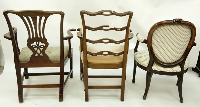 Grouping of Three (3) Antique English Carved Wood and Upholstered Armchairs.