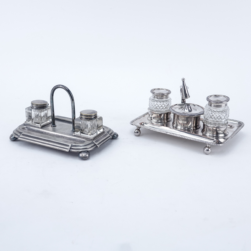 Two (2) English Silverplate Inkwells with Inserts.