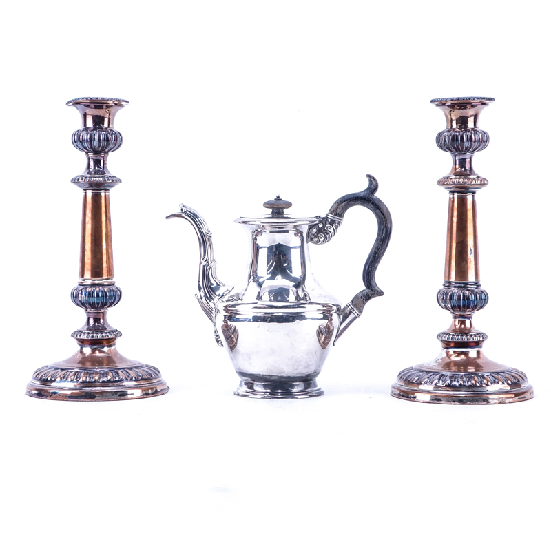Grouping of Three (3): Pair of Silverplate Candlesticks, James Dixon & Sons Silverplate Teapot.