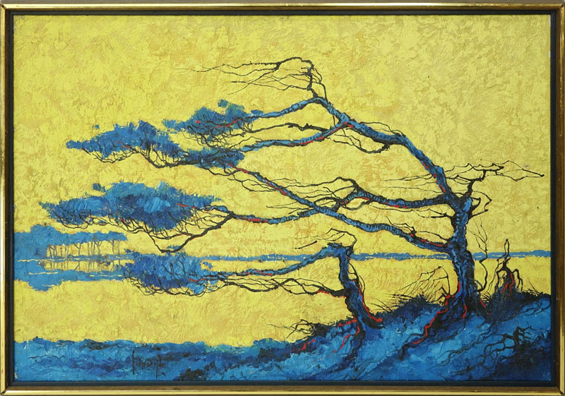 Modern Oil on Canvas, Tree on a Cliff, Signed Lower Left.