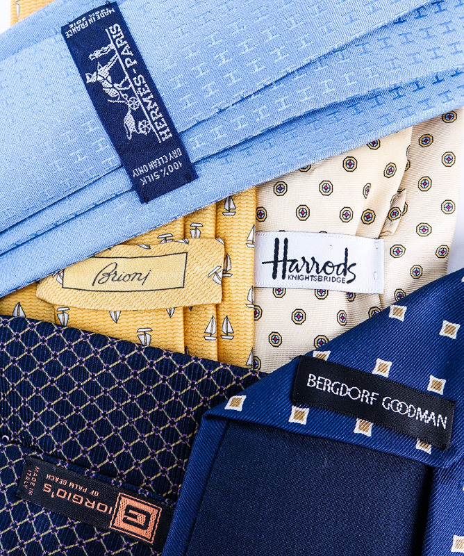 Lot of Eight (8) Designer Silk Ties. Include makers such as Harrods, Bergdorf Goodman, and Brioni.