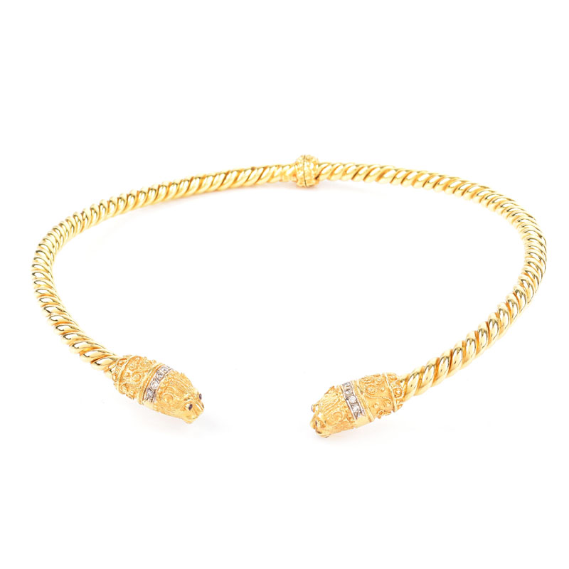 Vintage 18 Karat Yellow Gold Hinged Lion Head Choker Necklace Accented with Round Brilliant Cut Diamonds and Rubies.