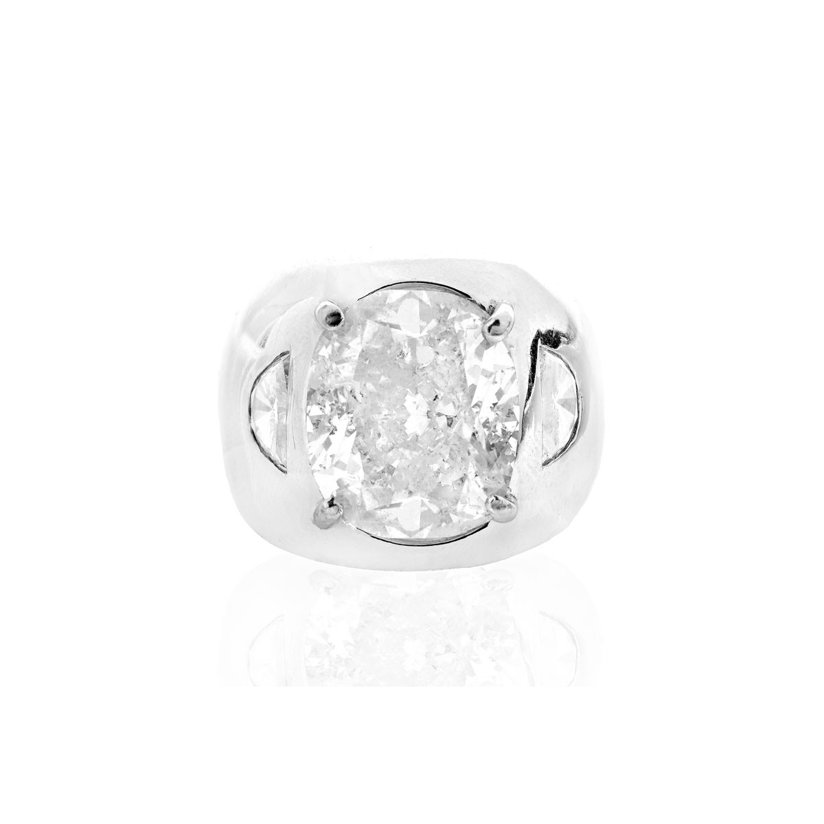 Important 14.29 Carat Oval Brilliant Cut Prong Set Diamond and Heavy 14 Karat White Gold Tapered Domed Band Design Ring.
