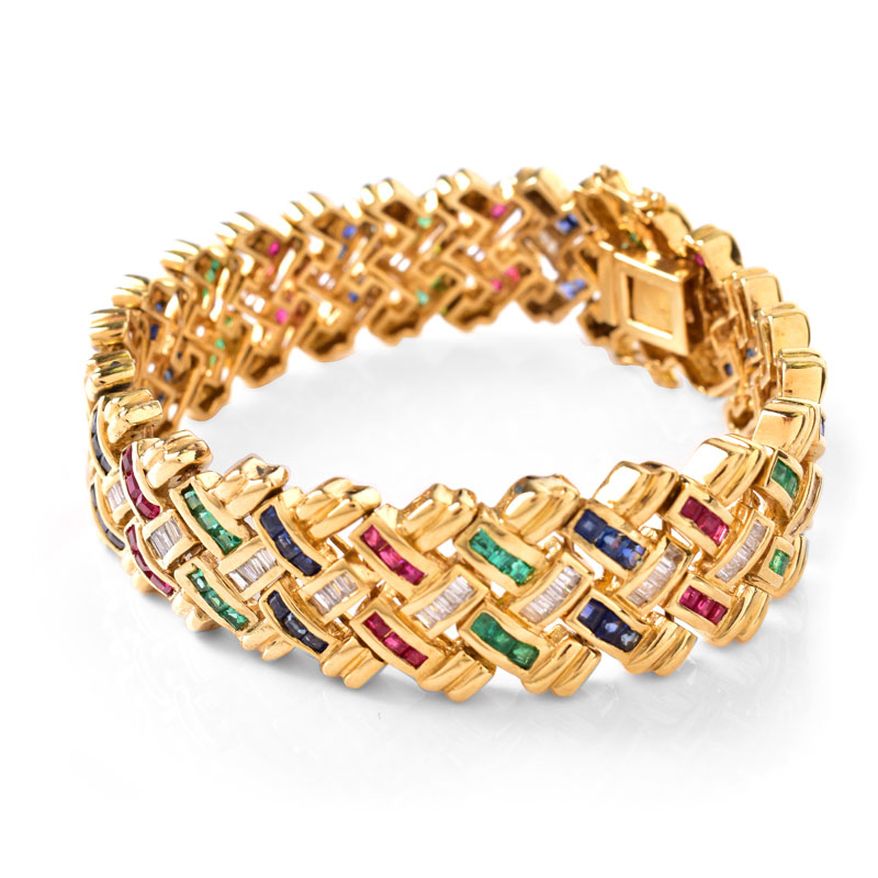 Contemporary Design Square Cut Emerald, Ruby and Sapphire, Baguette Cut Diamond and 18 Karat Yellow Gold Link Bracelet.