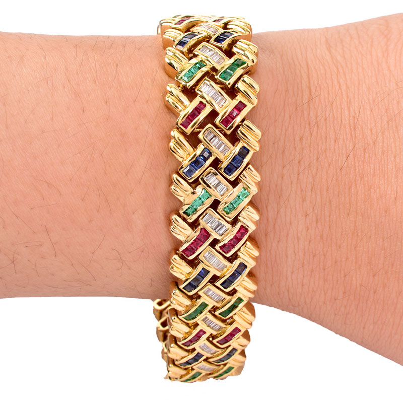Contemporary Design Square Cut Emerald, Ruby and Sapphire, Baguette Cut Diamond and 18 Karat Yellow Gold Link Bracelet.