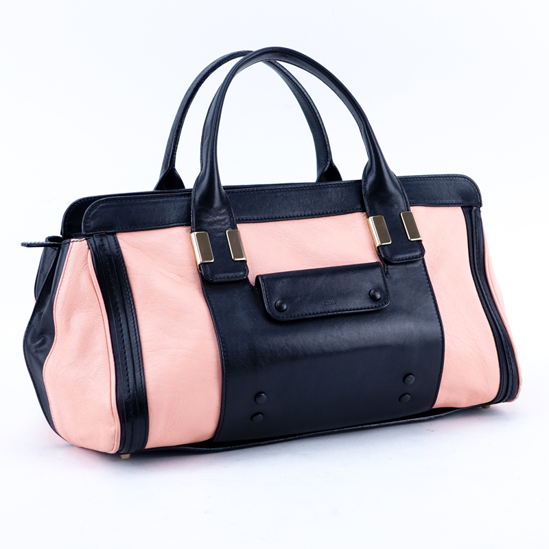Chloe Peach Pink/Black Smooth Leather Alice MM Handbag.