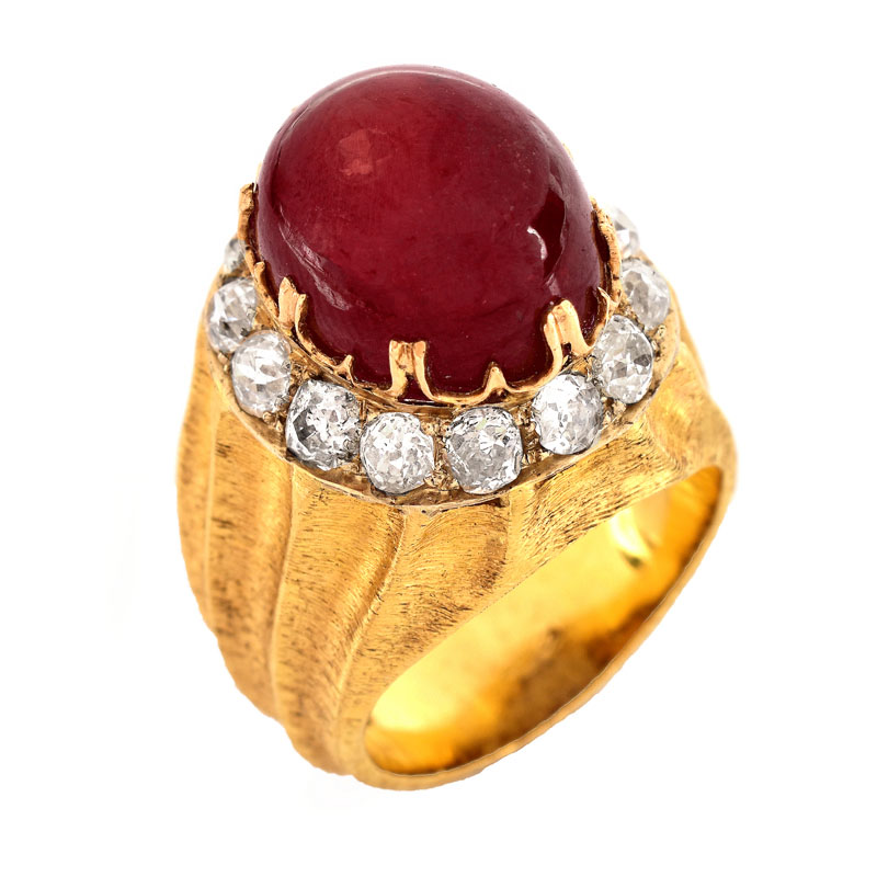 Vintage Mario Buccellati Approx. 25.0 Carat Cabochon Ruby, 2.10 Carat Old Mine Cut Diamond and 18 Karat Yellow Gold Ring.