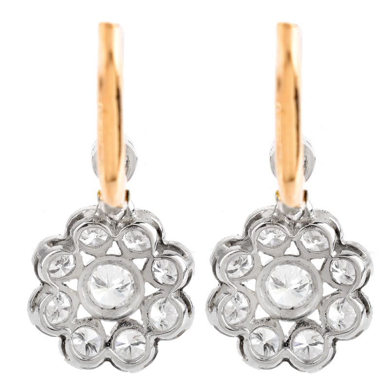Vintage Approx. 2.04 Carat Round Brilliant Cut Diamond and 14 Karat White and Yellow Gold Dangle Flower Earrings. Diamonds G-H color, VS-SI clarity.