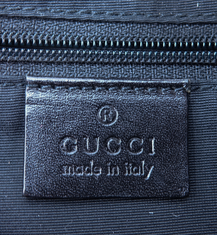 Gucci Black Monogram Denim Canvas And Leather Jackie MM Hobo Bag.