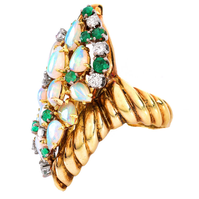 Vintage Estate Pear Shape Opal, Round Cut Emerald, Round Brilliant Cut Diamond and Heavy 18 Karat Yellow Gold Ring.