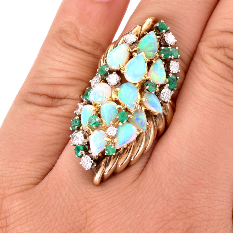 Vintage Estate Pear Shape Opal, Round Cut Emerald, Round Brilliant Cut Diamond and Heavy 18 Karat Yellow Gold Ring.