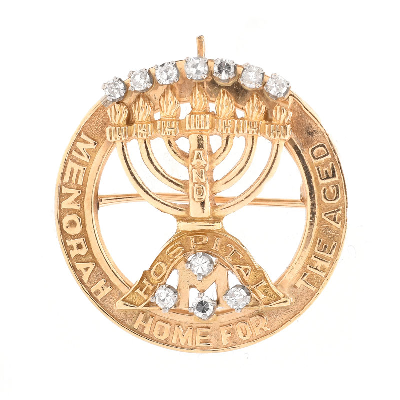 Three (3) Piece Vintage Judaica Jewelry Lot Including an Italian Chimento 18 Karat Yellow and Rose Gold Pendant, 14 Karat Yellow Gold Brooch with Round Cut Diamonds and 14 Karat Yellow Gold Star Pendant with Rubies and Diamonds.
