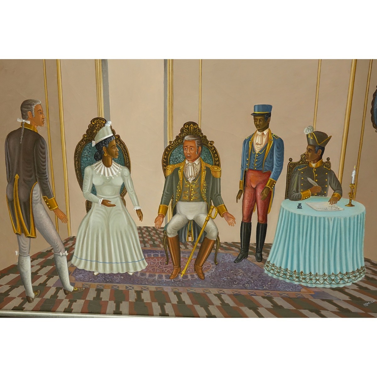 Serge Moleon Blaise, Haitian (born 1954) Oil on Canvas, Interior Scene with President Alexandre Pétion and his Statemen, Signed Lower Right. Artist information attached en verso.