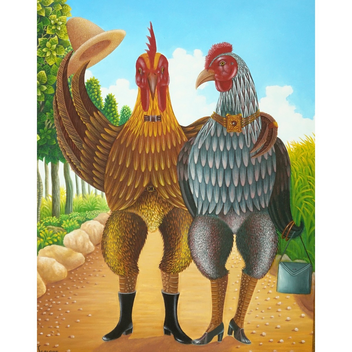 Fritzner Lamour, Haitian  (born 1948) Oil on Canvas, Bird Couple, Signed Lower Left. Good condition.