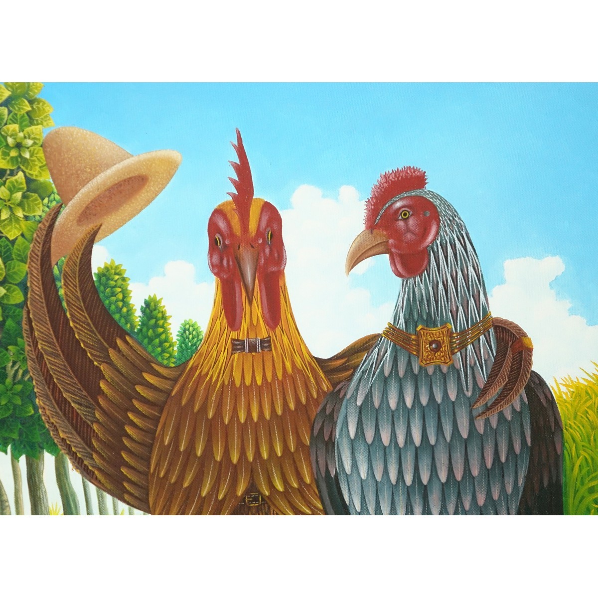 Fritzner Lamour, Haitian  (born 1948) Oil on Canvas, Bird Couple, Signed Lower Left. Good condition.