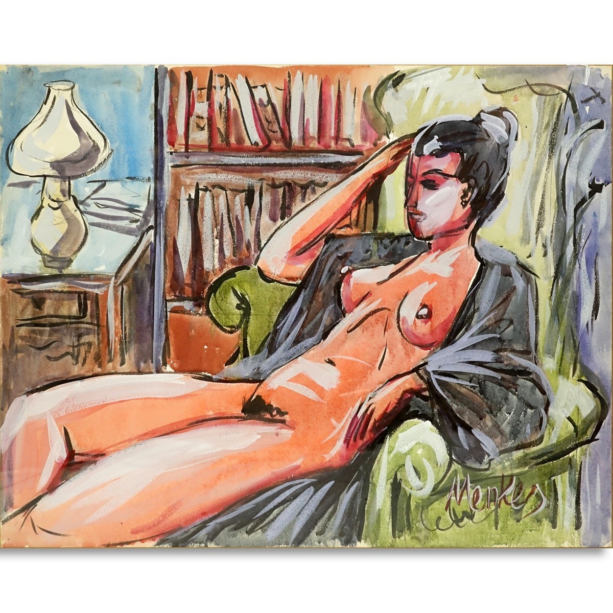Attributed to: Sigmund Menkes, Polish (1896 - 1986) Watercolor on paper "Reclining Nude". Signed lower right.