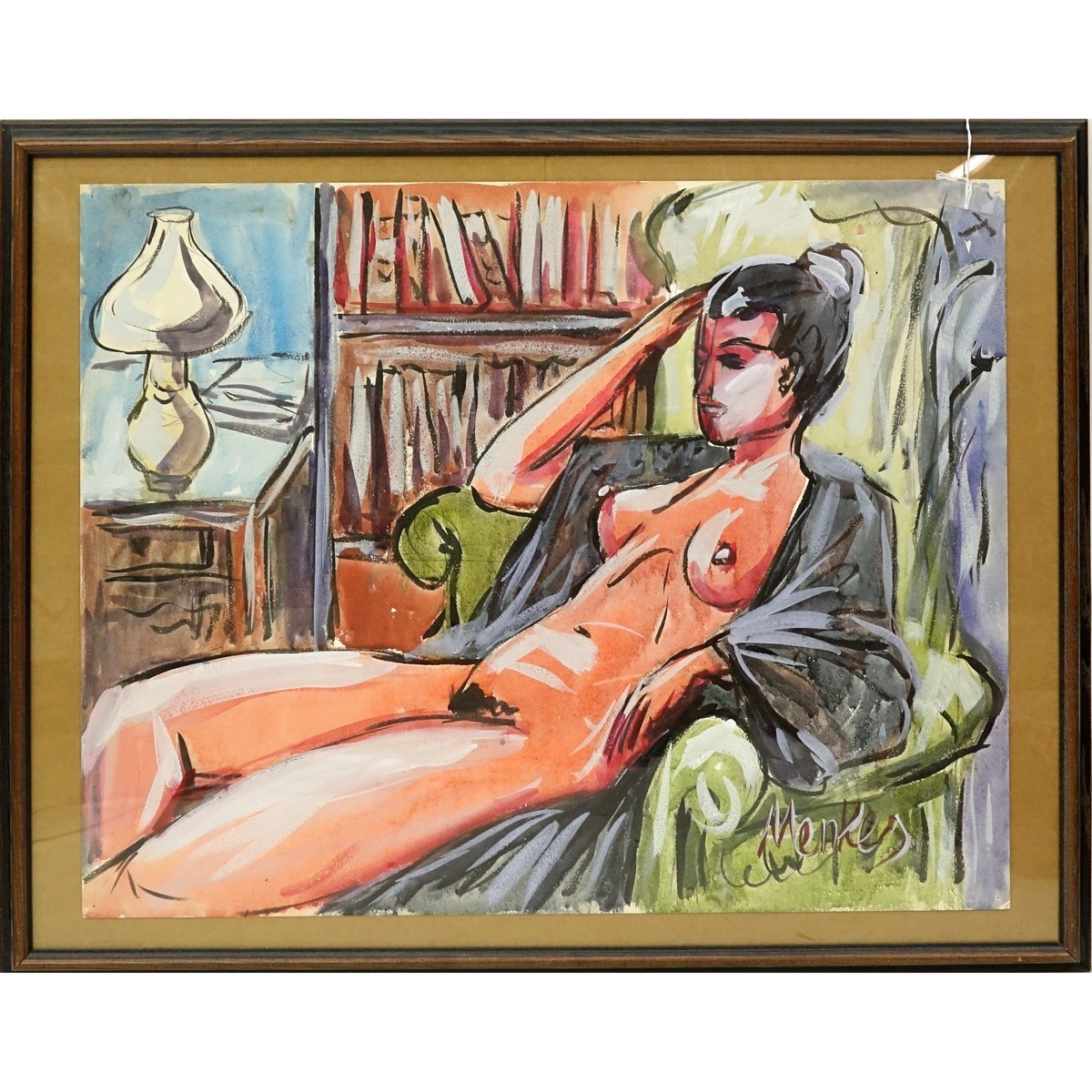 Attributed to: Sigmund Menkes, Polish (1896 - 1986) Watercolor on paper "Reclining Nude". Signed lower right.