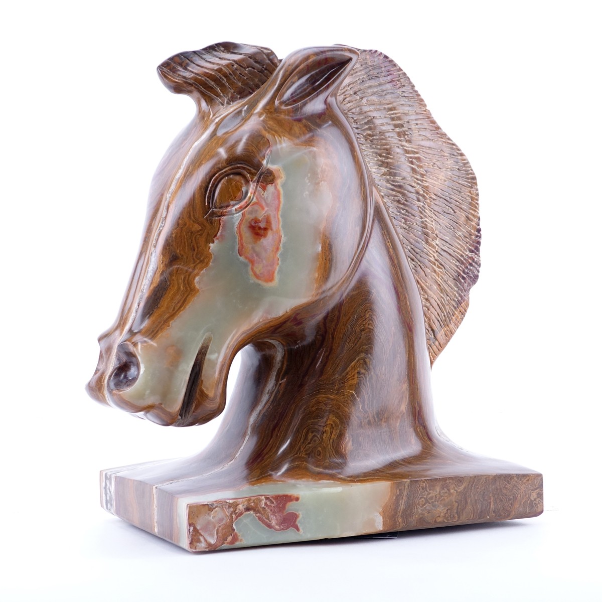 Large Carved Onyx Horse Head Sculpture Signed Bernie M. Rotating platform attached to base.