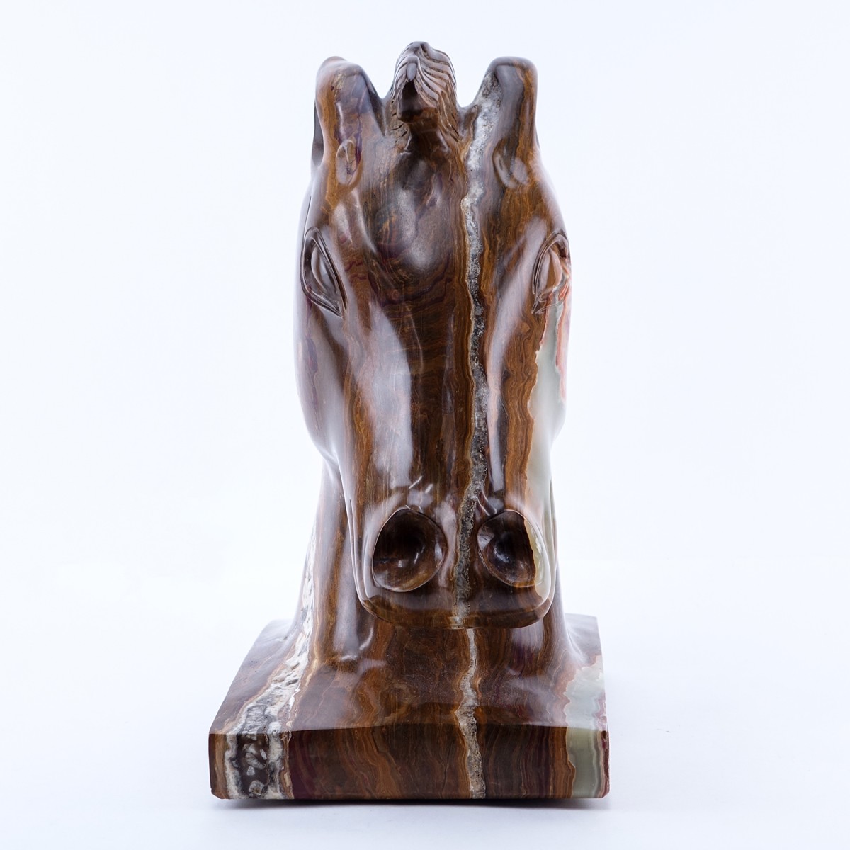 Large Carved Onyx Horse Head Sculpture Signed Bernie M. Rotating platform attached to base.