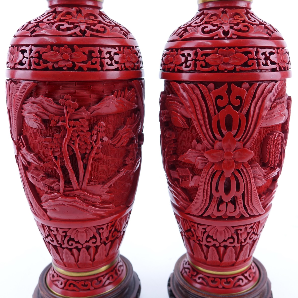 Two Vintage Cinnabar Vases With Stands. Intricately carved village scenes.