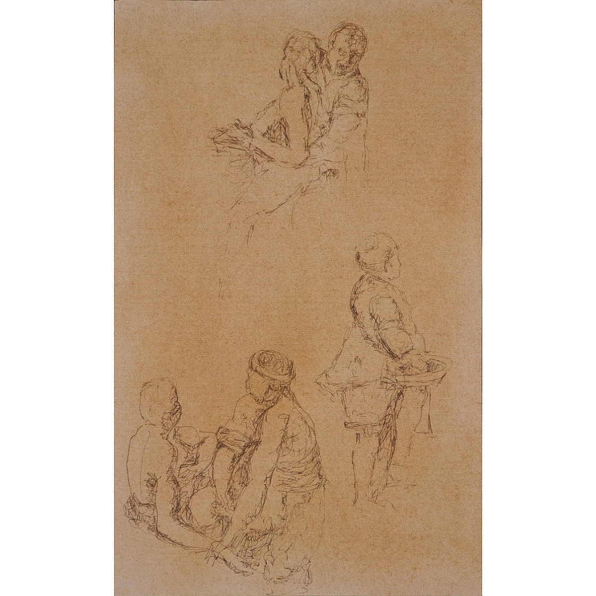 18/19th Century Old Master Drawing In Ink On Brown Paper "Study Of Six Figures". Unsigned.