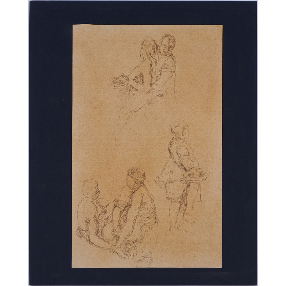 18/19th Century Old Master Drawing In Ink On Brown Paper "Study Of Six Figures". Unsigned.