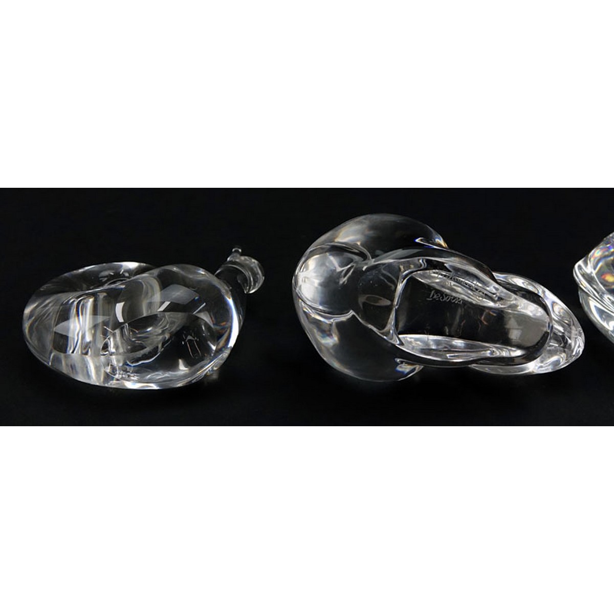 Grouping of Five (5) Paperweights: Baccarat Crystal Elephant, Baccarat Crystal Elephant with Trunk Up, Baccarat Crystal Whale, Steuben Crystal Snail, Val St. Lambert Crystal Rabbit.