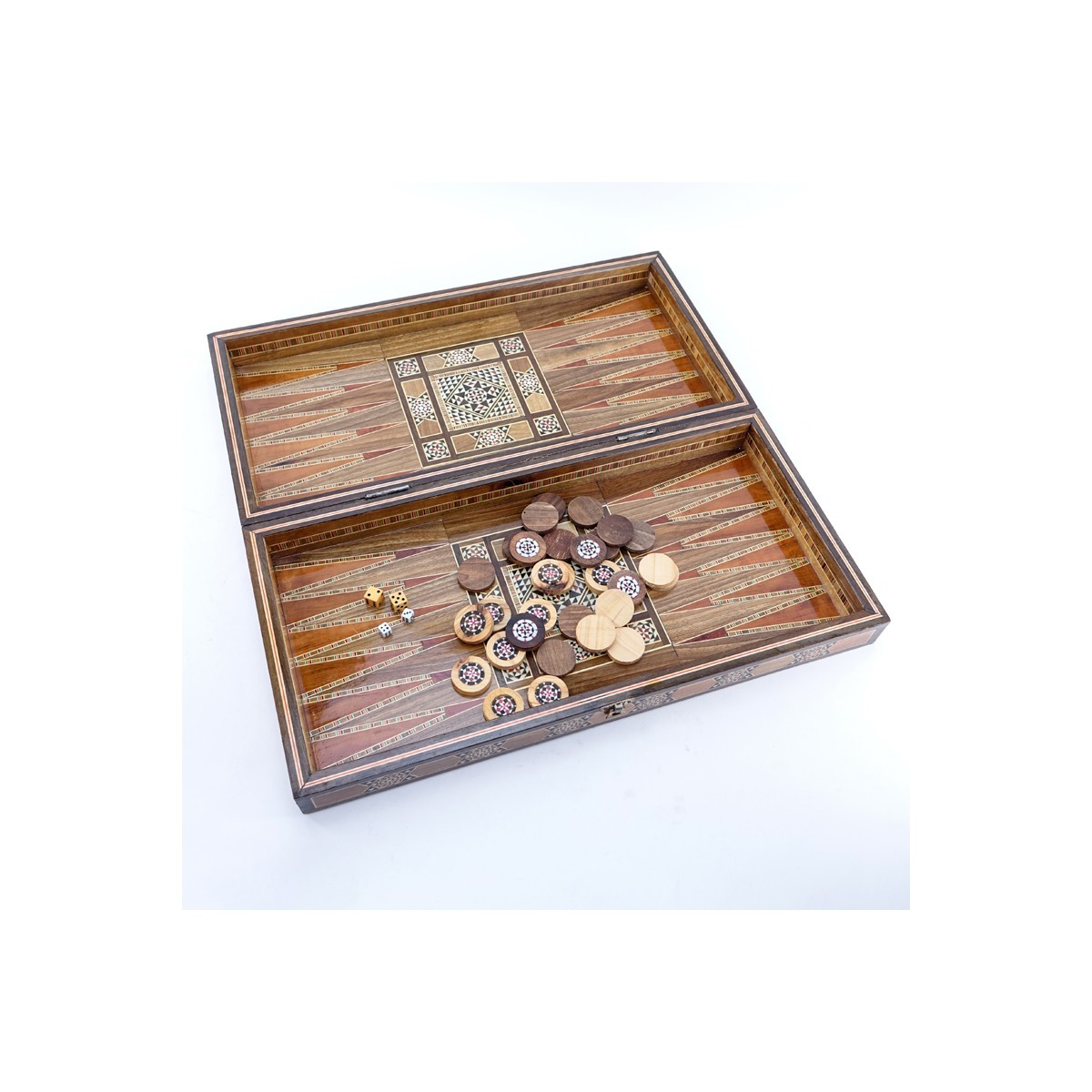 Early Persian Mosaic Wood and Mother of Pearl Inlaid Backgammon Case with Game Pieces. Typical rubbing to case, basic wear and possibly missing a few game pieces otherwise good condition.