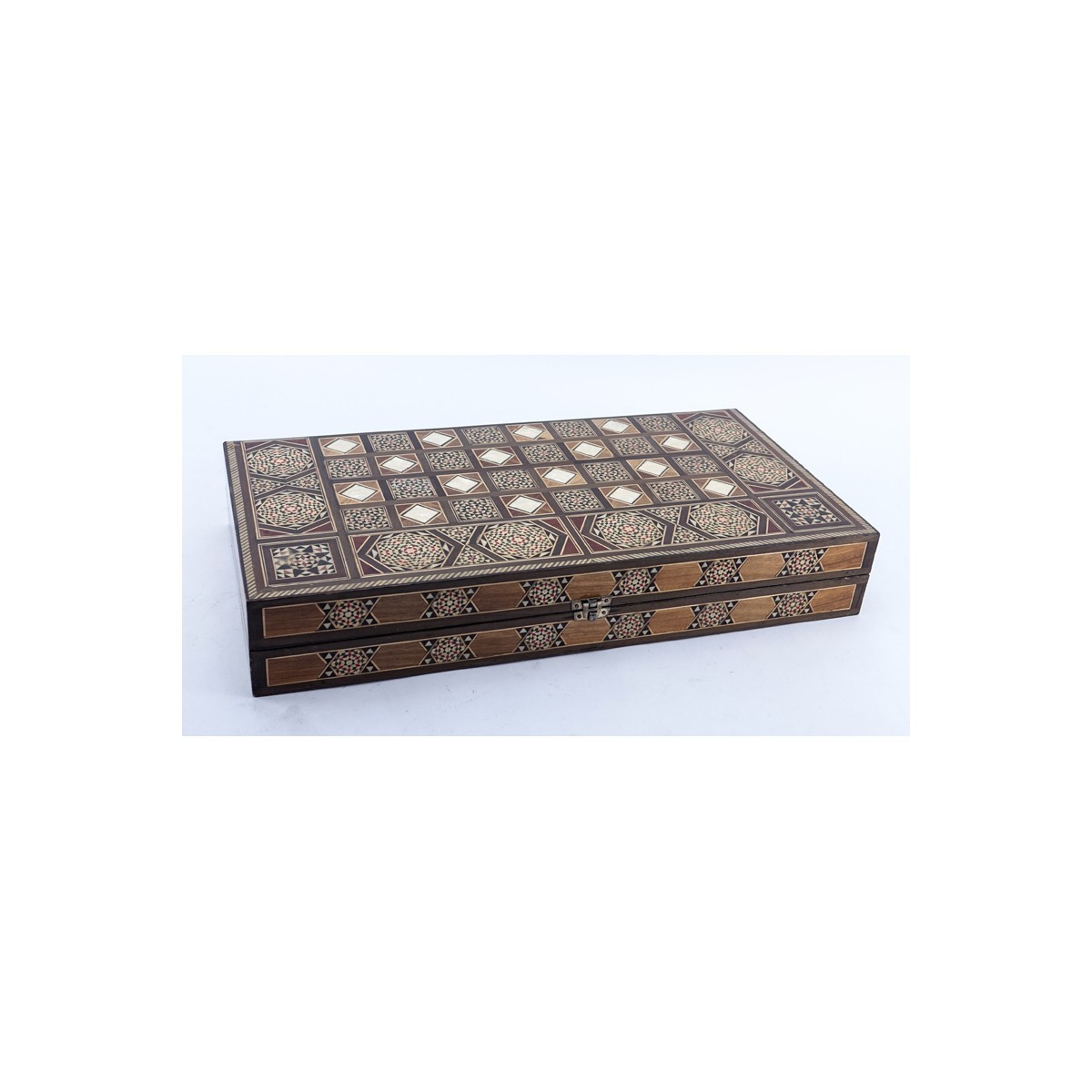Early Persian Mosaic Wood and Mother of Pearl Inlaid Backgammon Case with Game Pieces. Typical rubbing to case, basic wear and possibly missing a few game pieces otherwise good condition.